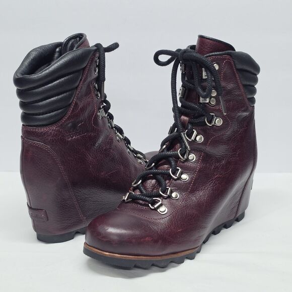 Sorel Shoes - Sorel Boots Conquest Casual Wedge Ankle Boot Burgundy Leather Lace Up womens 10